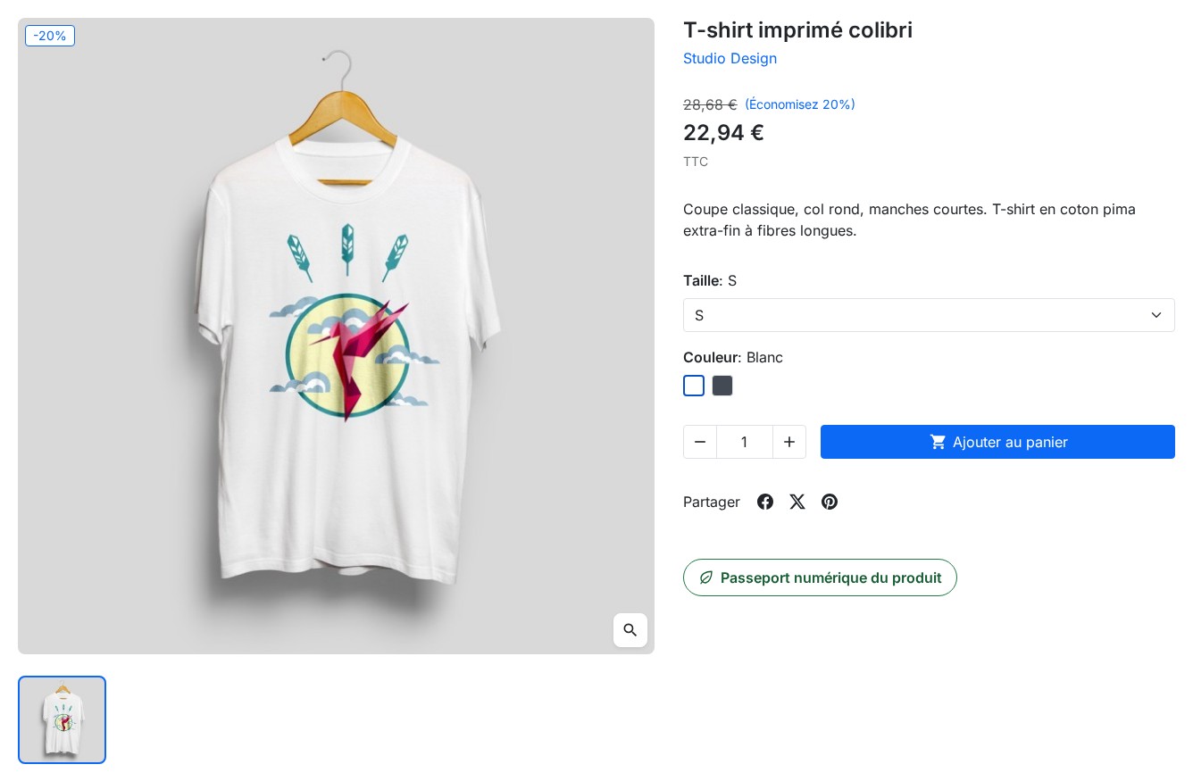 Fiche produit de la boutique avec le bouton du passeport numérique