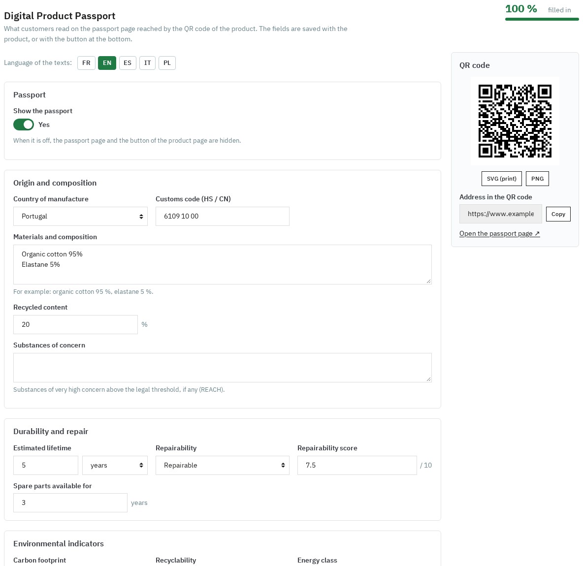 Passport tab of the PrestaShop product page with its completeness and QR code