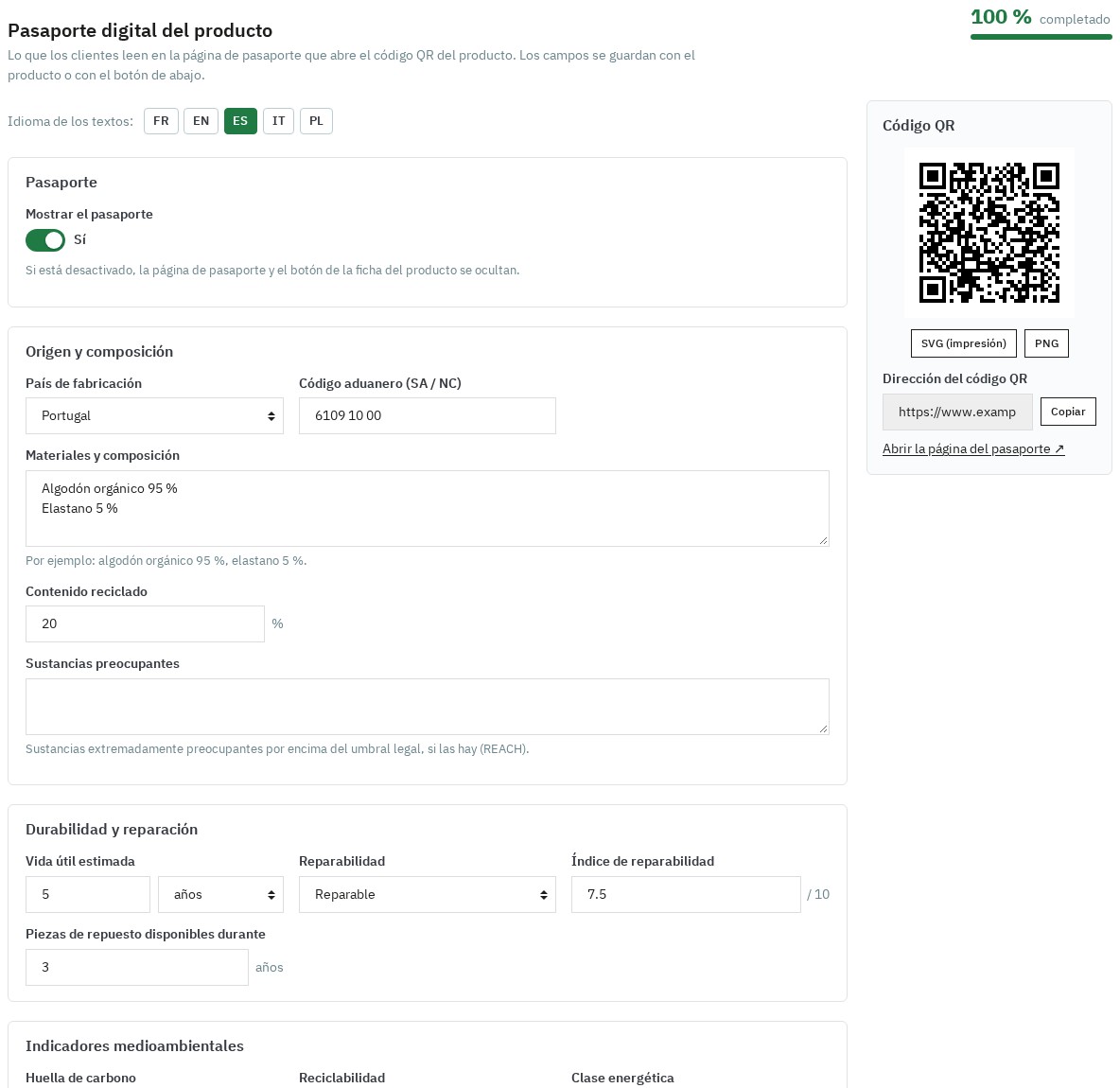 Pestaña del pasaporte en la ficha de producto de PrestaShop con su completitud y su código QR