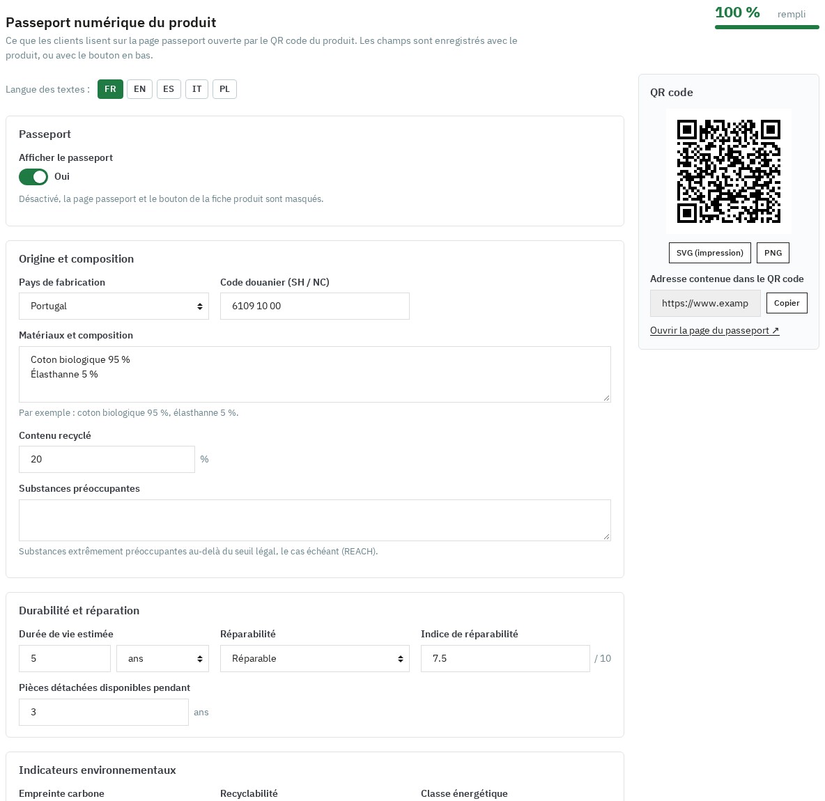 Onglet du passeport dans la fiche produit PrestaShop avec sa complétude et son QR code