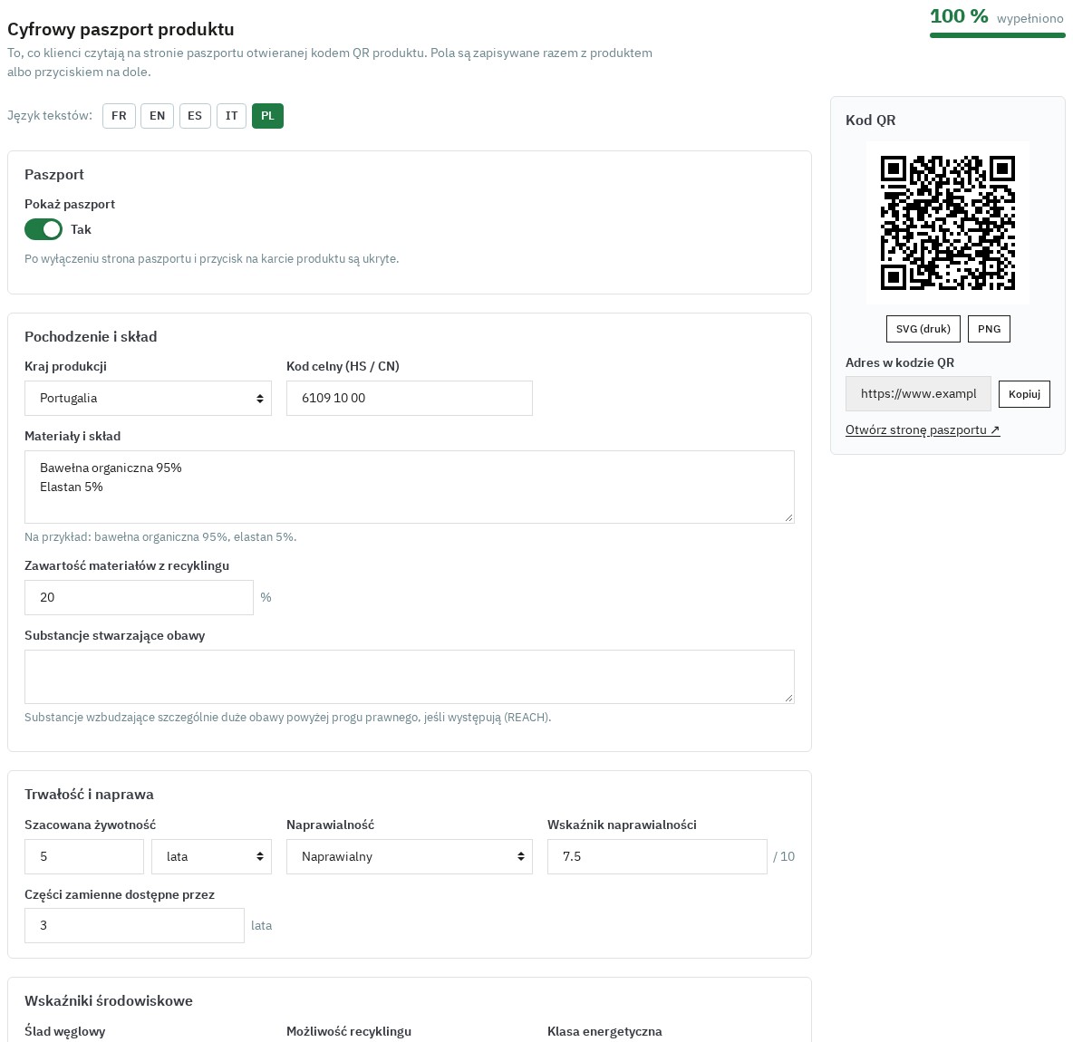 Zakładka paszportu na stronie produktu PrestaShop z kompletnością i kodem QR