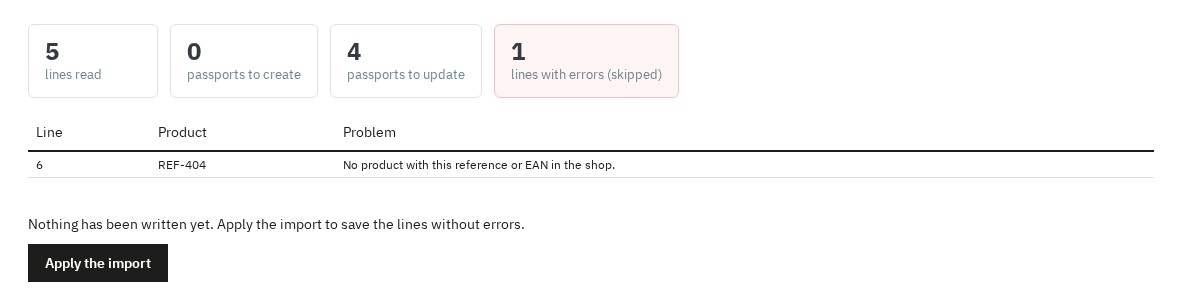 Simulation report of a CSV import with the lines to update and an error
