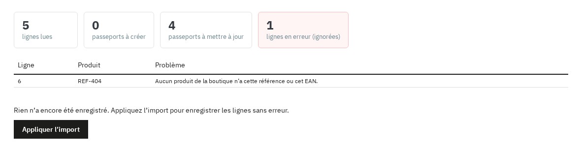 Rapport de simulation d’un import CSV avec les lignes à mettre à jour et une erreur