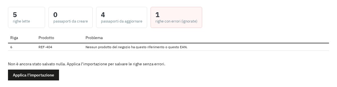Rapporto di simulazione di un’importazione CSV con le righe da aggiornare e un errore