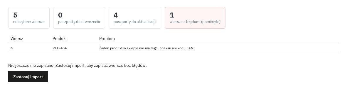 Raport symulacji importu CSV z wierszami do aktualizacji i jednym błędem