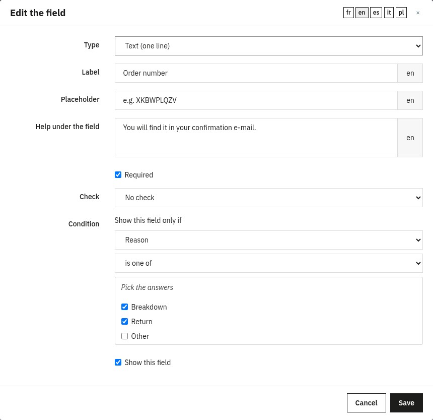 Window to edit a field: type, label, placeholder, help text, check, and the condition built from a list field and its answers