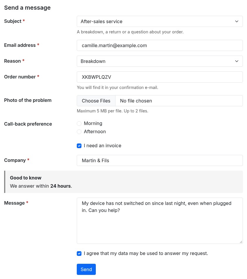Contact page of a PrestaShop shop: the After-sales service subject is chosen, the Breakdown reason shows the order number and photo fields, and the invoice box shows the company field