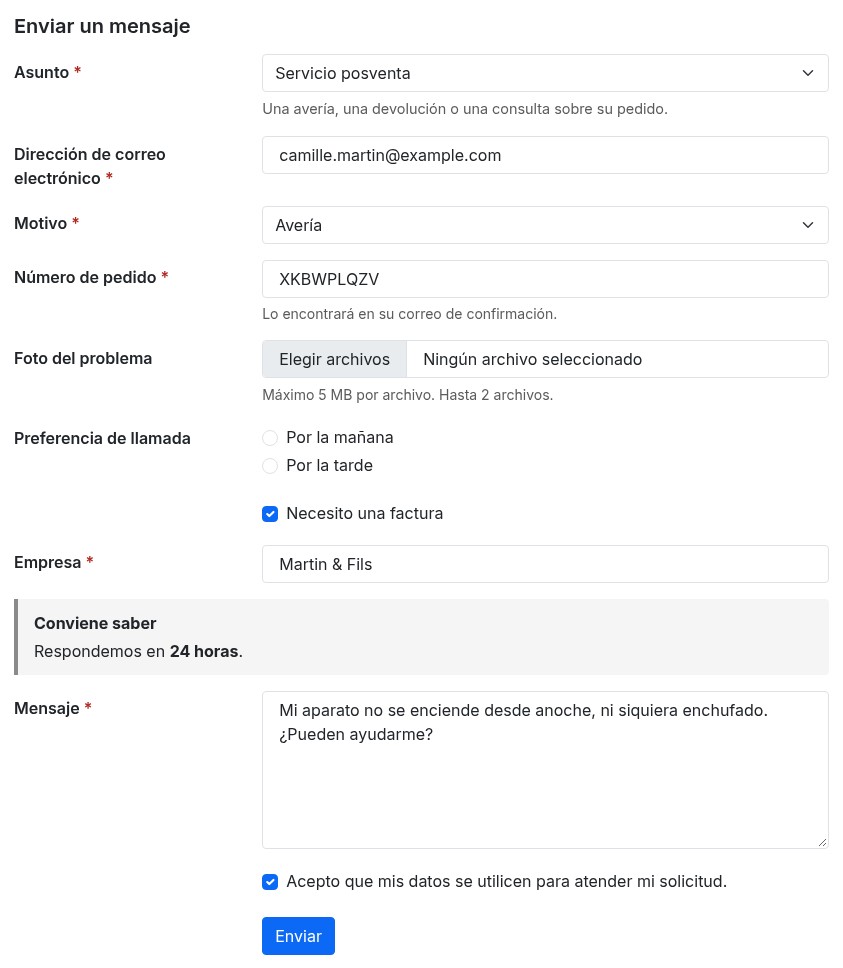 Página de contacto de una tienda PrestaShop: se elige el asunto Servicio posventa, el motivo Avería muestra los campos número de pedido y foto, y la casilla de factura muestra el campo empresa