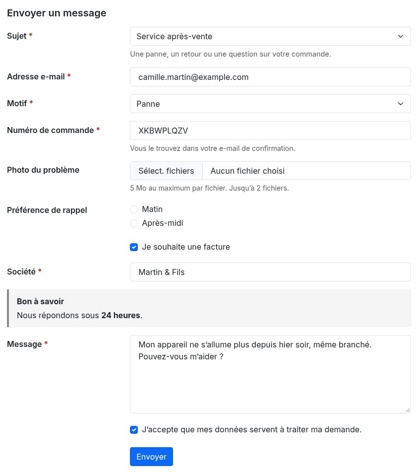 Page de contact d’une boutique PrestaShop : le sujet Service après-vente est choisi, le motif Panne affiche les champs numéro de commande et photo, et la case facture affiche le champ société