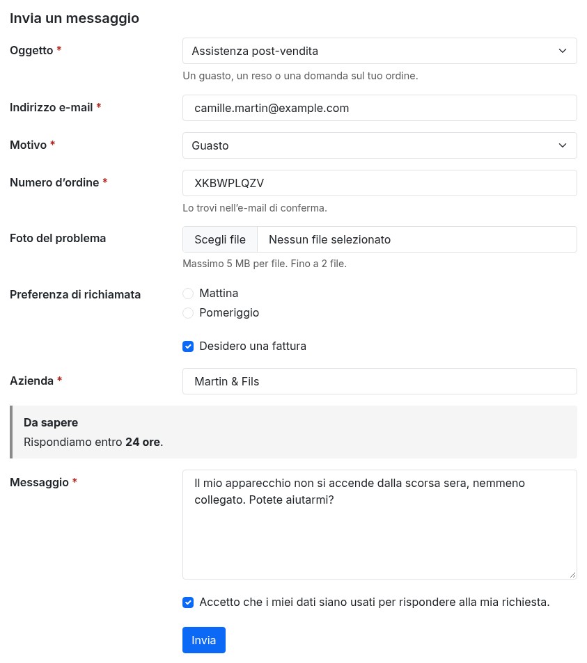 Pagina di contatto di un negozio PrestaShop: è scelto il soggetto Assistenza post-vendita, il motivo Guasto mostra i campi numero d’ordine e foto, e la casella fattura mostra il campo azienda