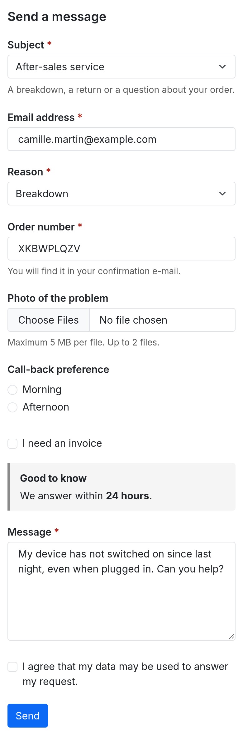 Contact form on a phone: subject, e-mail, reason, order number, photo, call-back preference, information block, message, consent box and Send button
