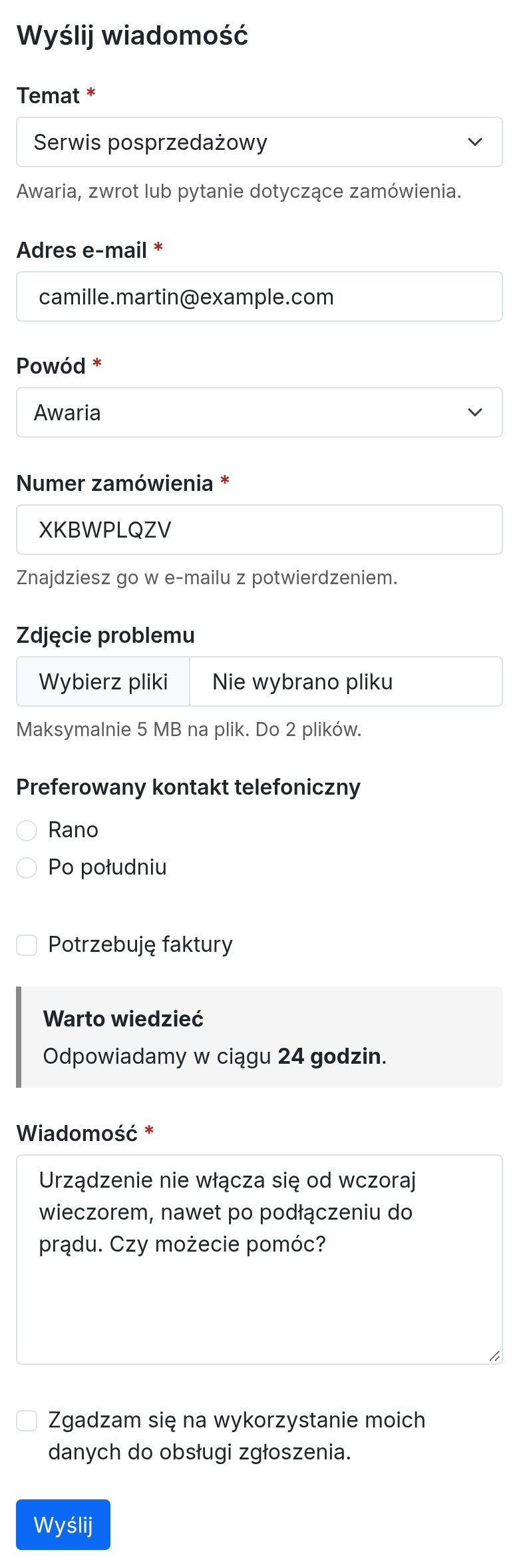 Formularz kontaktowy na telefonie: temat, e-mail, powód, numer zamówienia, zdjęcie, preferowany kontakt telefoniczny, blok informacyjny, wiadomość, pole zgody i przycisk Wyślij
