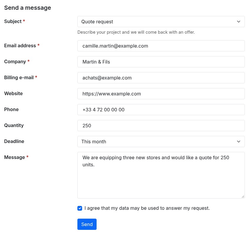 Contact page with the Quote request subject: company, billing e-mail, website, phone, quantity and deadline fields, then the message and the Send button