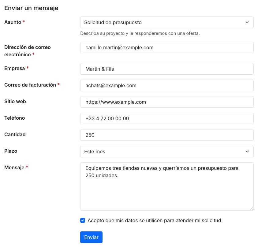 Página de contacto con el asunto Solicitud de presupuesto: campos empresa, correo de facturación, sitio web, teléfono, cantidad y plazo, después el mensaje y el botón Enviar