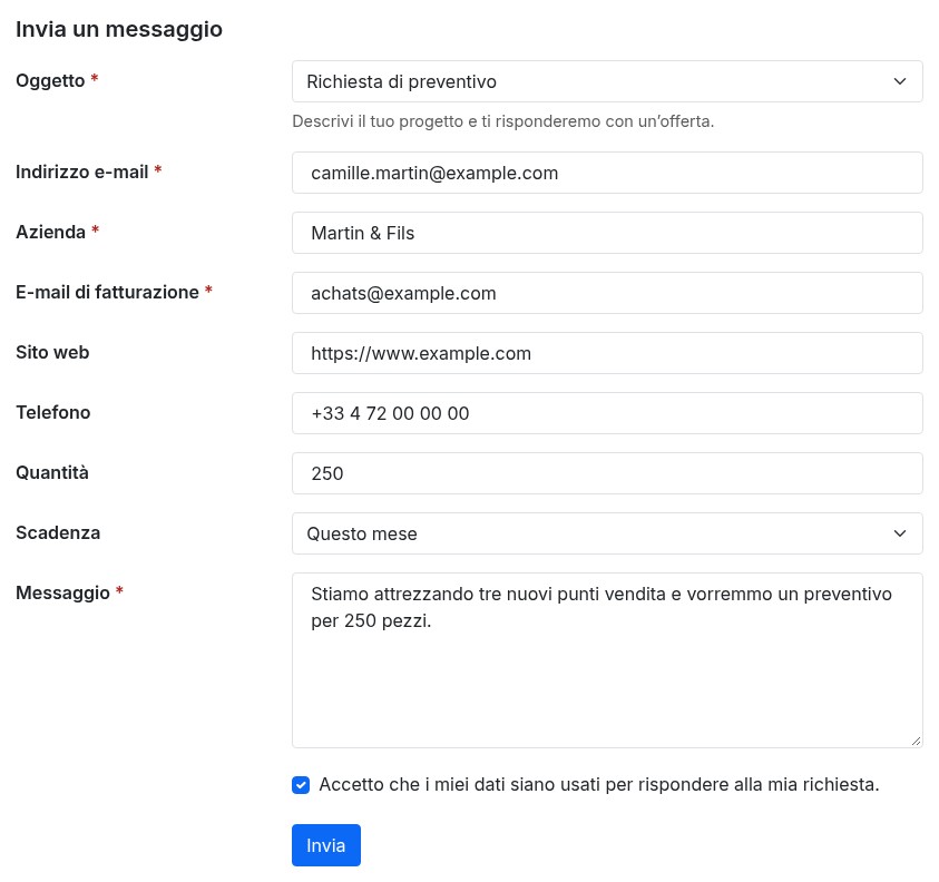 Pagina di contatto con il soggetto Richiesta di preventivo: campi azienda, e-mail di fatturazione, sito web, telefono, quantità e scadenza, poi il messaggio e il pulsante Invia
