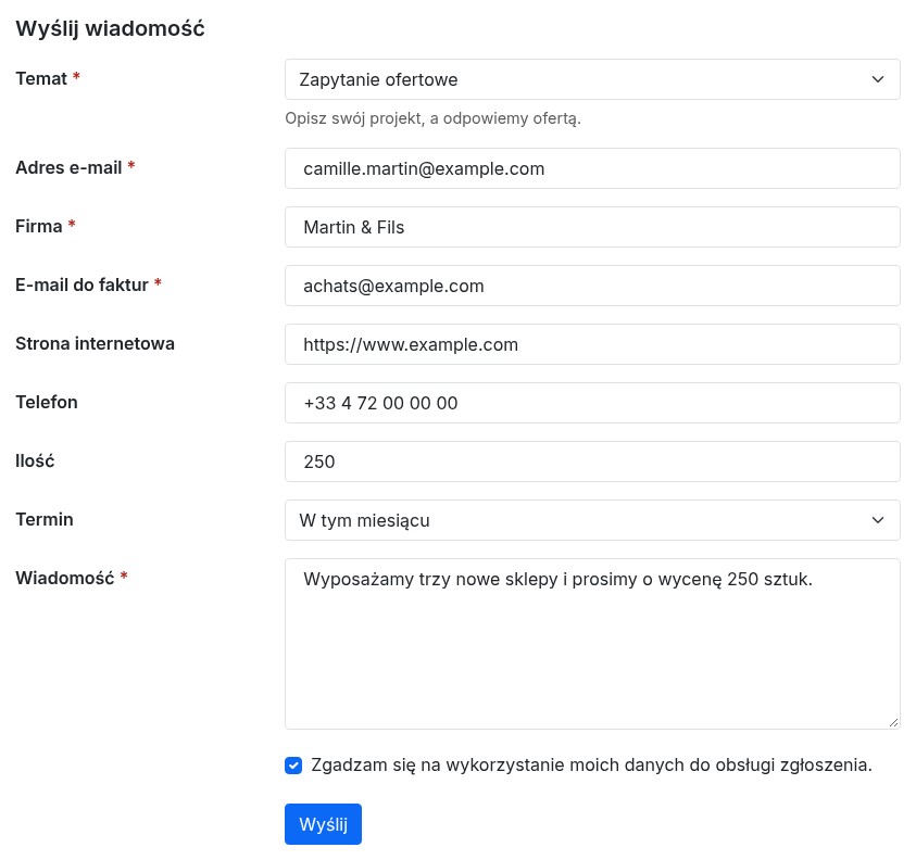 Strona kontaktu z tematem Zapytanie ofertowe: pola firma, e-mail do faktur, strona internetowa, telefon, ilość i termin, potem wiadomość i przycisk Wyślij