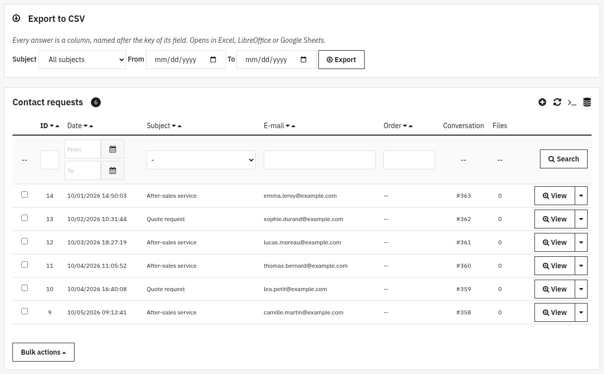 Requests page: CSV export by subject and dates, then the list of requests with date, subject, e-mail, conversation and files