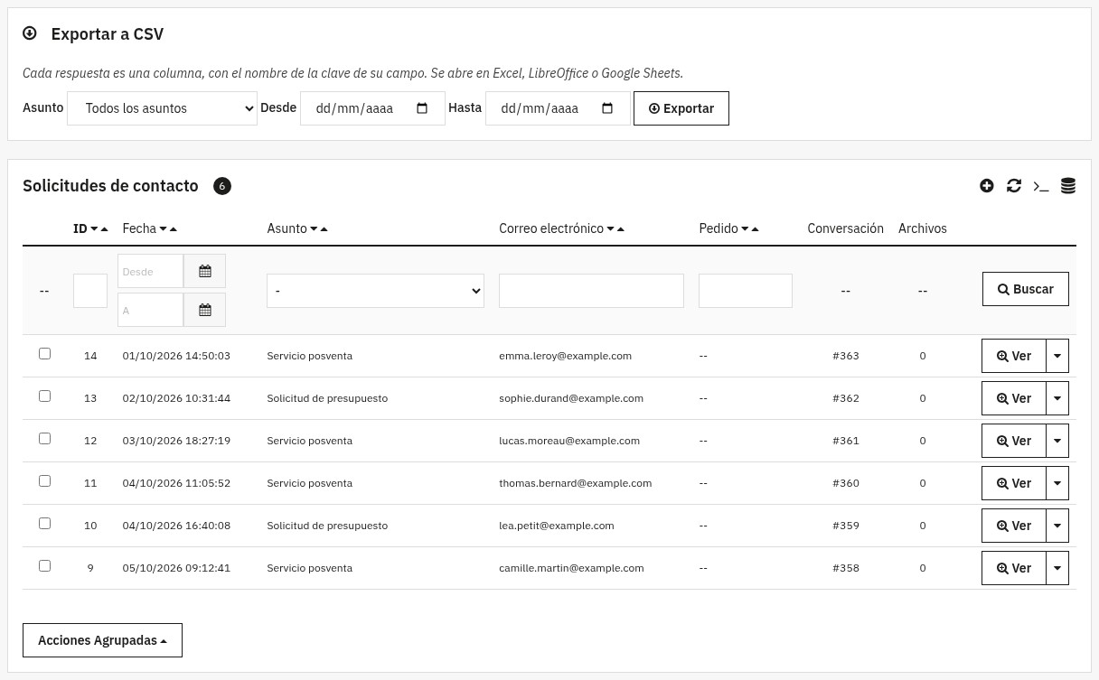 Página de solicitudes: exportación a CSV por asunto y fechas, y lista de solicitudes con fecha, asunto, correo, conversación y archivos