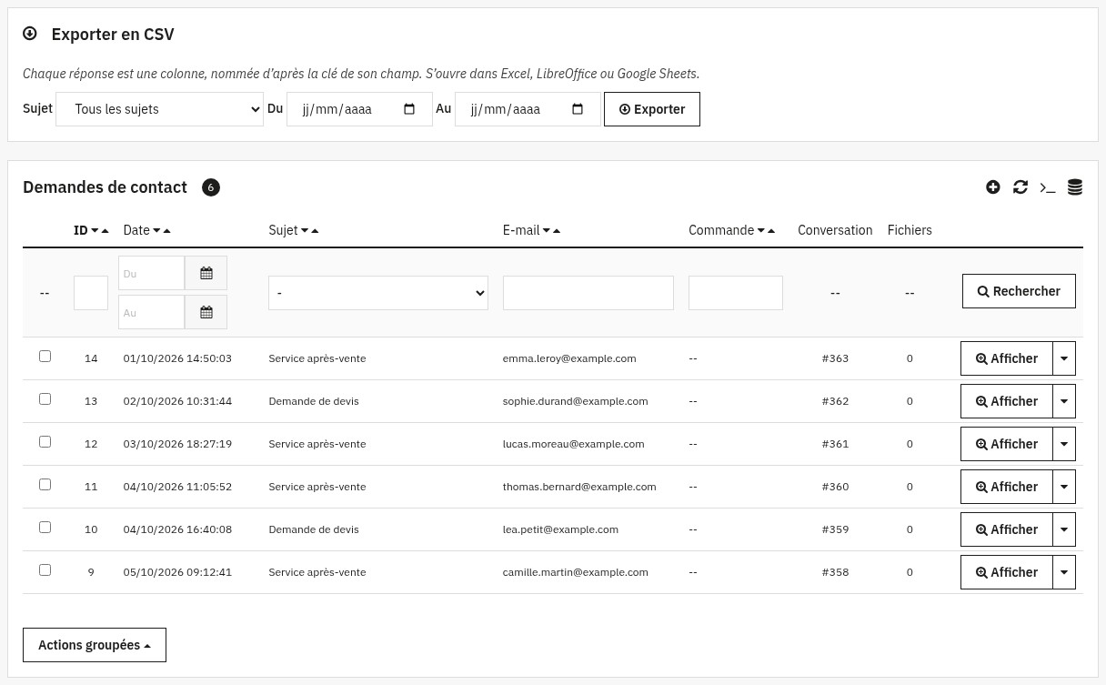 Page des demandes : export CSV par sujet et par dates, puis liste des demandes avec date, sujet, e-mail, conversation et fichiers
