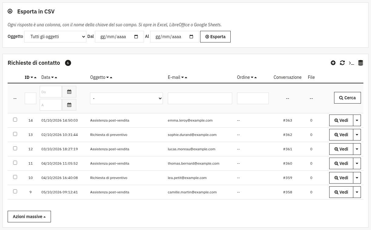 Pagina delle richieste: esportazione CSV per soggetto e date, poi elenco delle richieste con data, soggetto, e-mail, conversazione e file