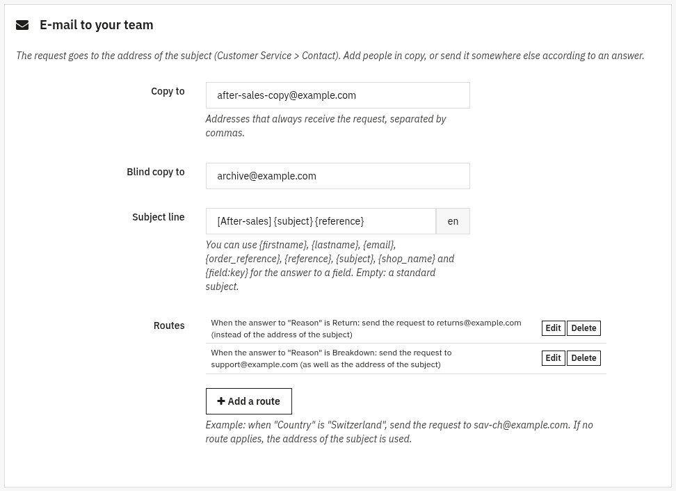 E-mail to your team panel: addresses in copy and blind copy, subject line with variables, and two routes that depend on the answer to a list