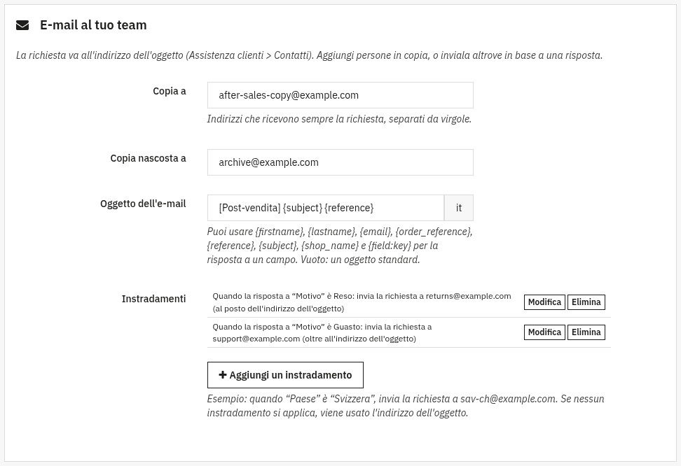 Pannello E-mail al tuo team: indirizzi in copia e in copia nascosta, oggetto dell’e-mail con variabili e due instradamenti che dipendono dalla risposta a un elenco