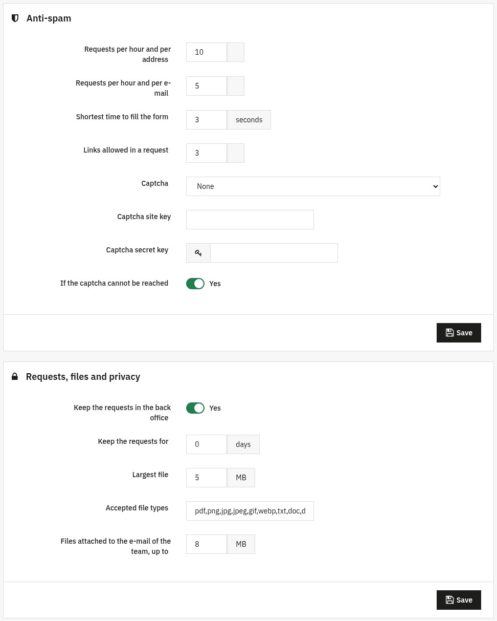 Settings: requests per hour per address and per e-mail, shortest filling time, links allowed, captcha, retention of requests, size and types of files