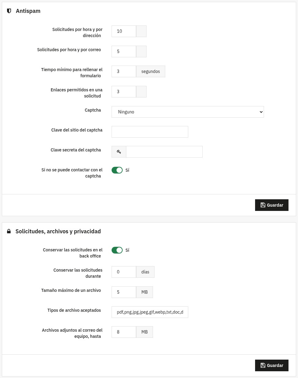 Ajustes: solicitudes por hora y por dirección o por correo, tiempo mínimo para rellenar, enlaces permitidos, captcha, conservación de las solicitudes, tamaño y tipos de archivo