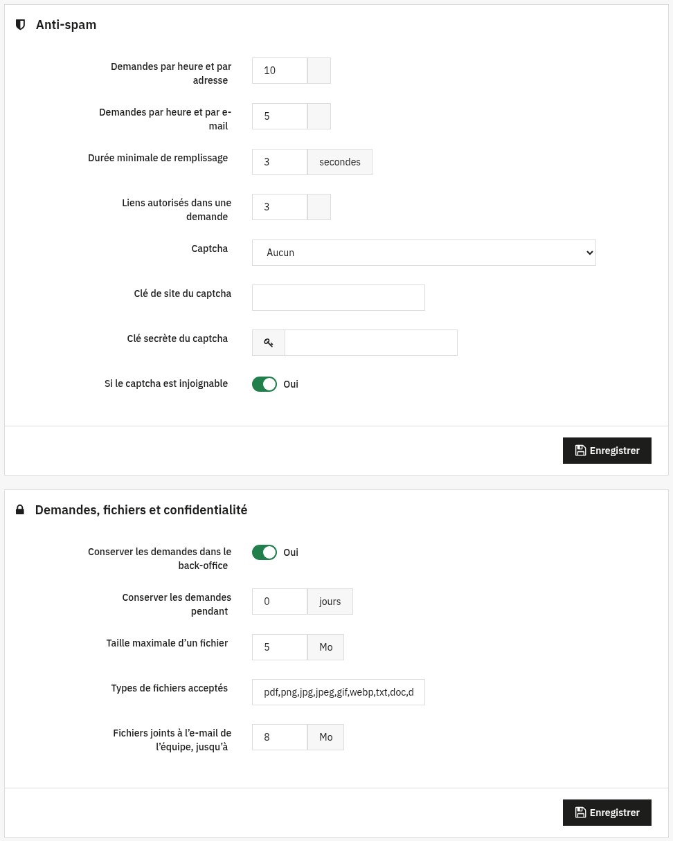 Réglages : demandes par heure et par adresse ou par e-mail, durée minimale de remplissage, liens autorisés, captcha, conservation des demandes, taille et types de fichiers