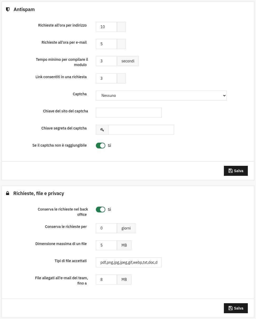 Impostazioni: richieste all’ora per indirizzo e per e-mail, tempo minimo di compilazione, link consentiti, captcha, conservazione delle richieste, dimensione e tipi di file