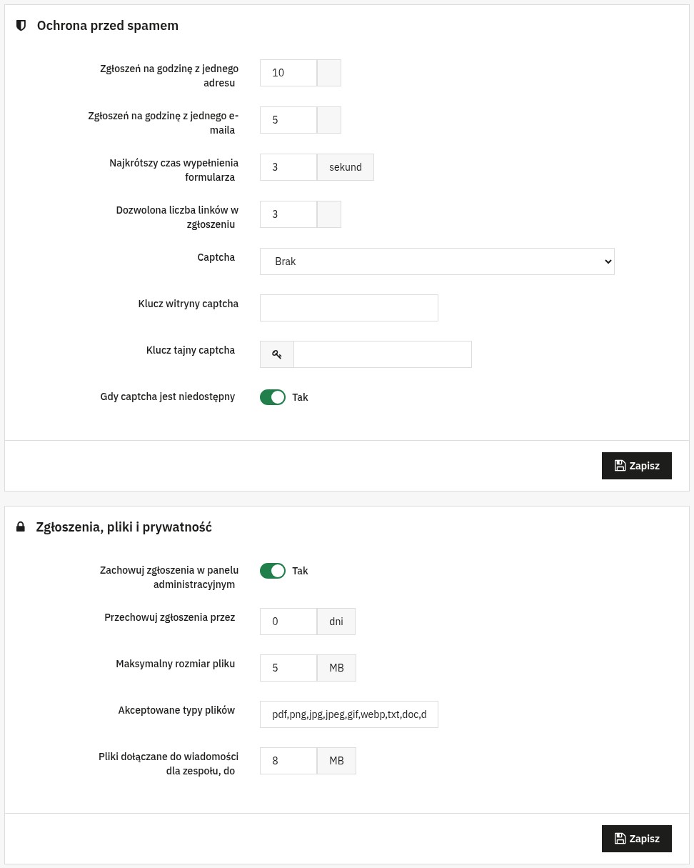 Ustawienia: zgłoszenia na godzinę z jednego adresu i e-maila, najkrótszy czas wypełnienia, dozwolone linki, captcha, przechowywanie zgłoszeń, rozmiar i typy plików