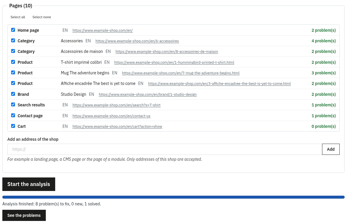 Analyse screen: the list of the pages of the store (home, categories, products, brand, search, contact, cart) with the number of problems found on each one and the summary of the finished analysis.
