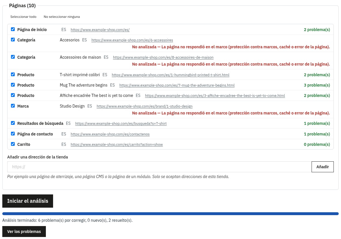 Pantalla Analizar: la lista de páginas de la tienda (inicio, categorías, productos, marca, búsqueda, contacto, carrito) con el número de problemas encontrados en cada una y el resumen del análisis terminado.