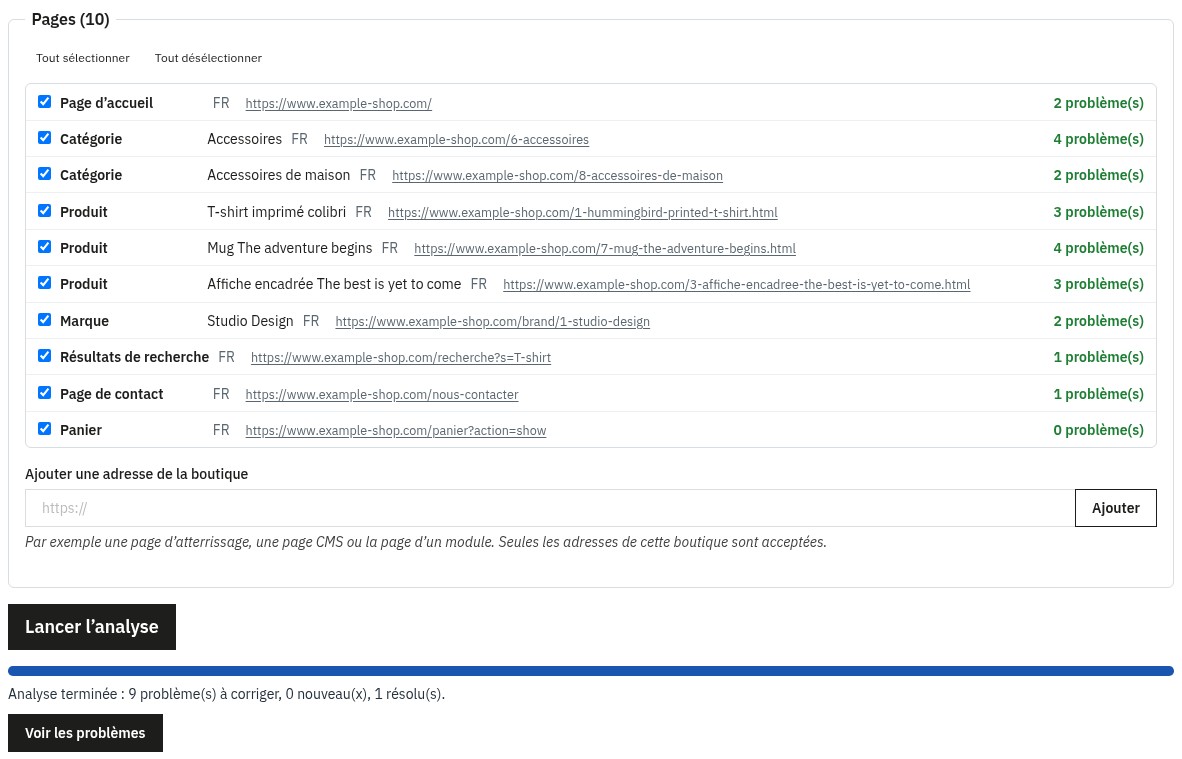 Écran Analyser : la liste des pages de la boutique (accueil, catégories, produits, marque, recherche, contact, panier) avec le nombre de problèmes trouvés pour chacune et le résumé de l’analyse terminée.
