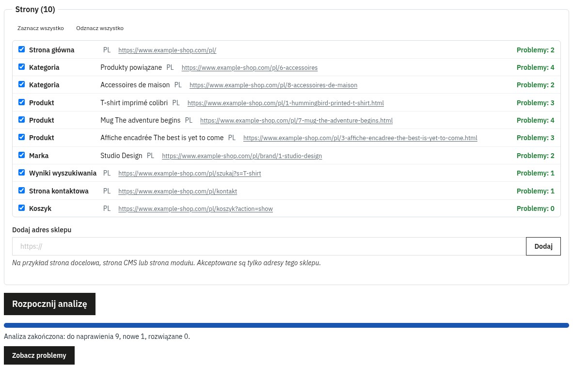 Ekran Analizuj: lista stron sklepu (strona główna, kategorie, produkty, marka, wyszukiwanie, kontakt, koszyk) z liczbą problemów znalezionych na każdej i podsumowaniem zakończonej analizy.