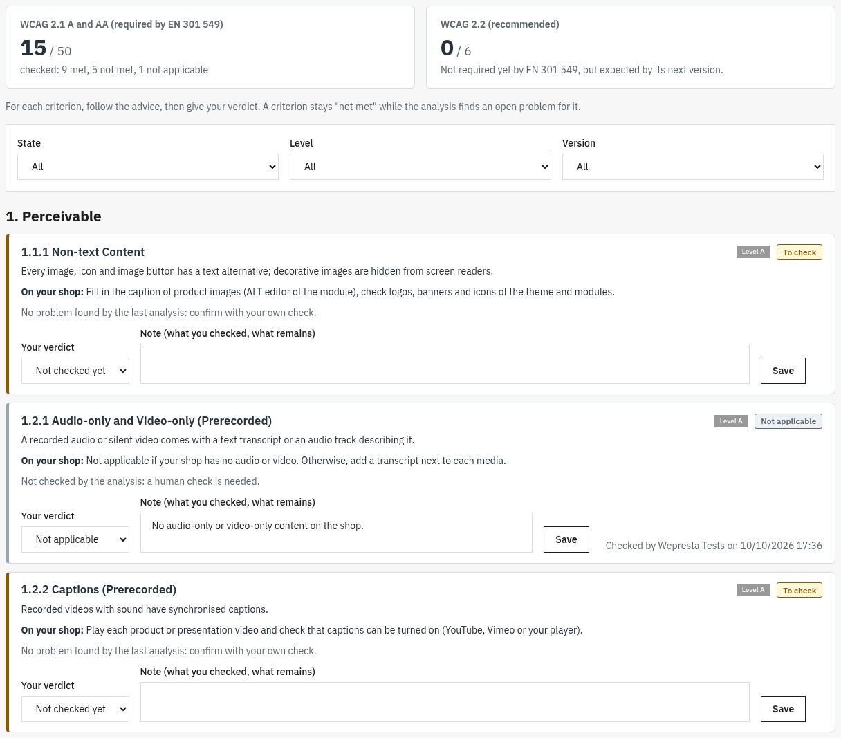 WCAG checklist: counters of the WCAG 2.1 and 2.2 criteria, filters, and for each criterion its level, advice for the store, the verdict and a note.