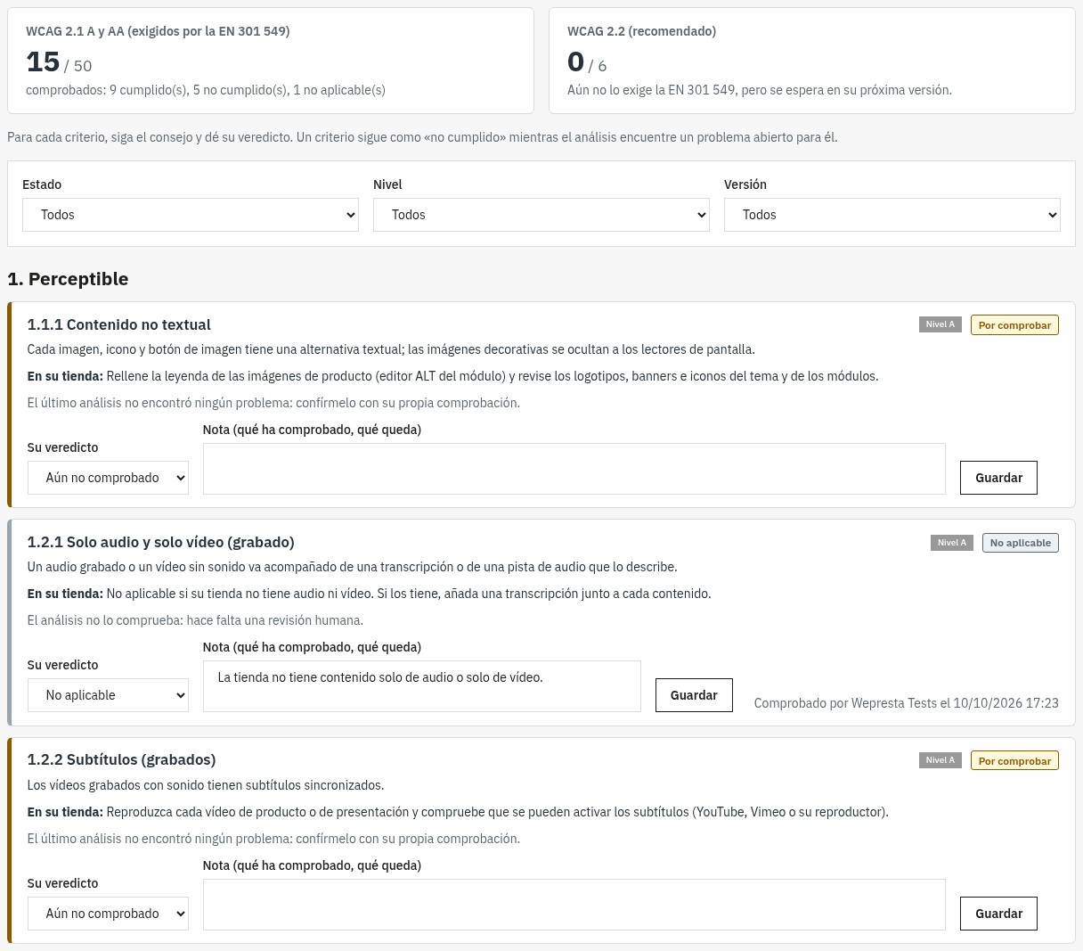 Checklist WCAG: contadores de los criterios WCAG 2.1 y 2.2, filtros y, para cada criterio, su nivel, un consejo para la tienda, el veredicto y una nota.