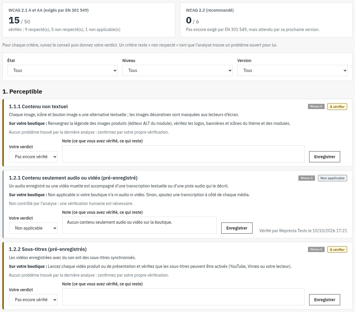 Checklist WCAG : compteurs des critères WCAG 2.1 et 2.2, filtres, et pour chaque critère son niveau, un conseil pour la boutique, le verdict et une note.