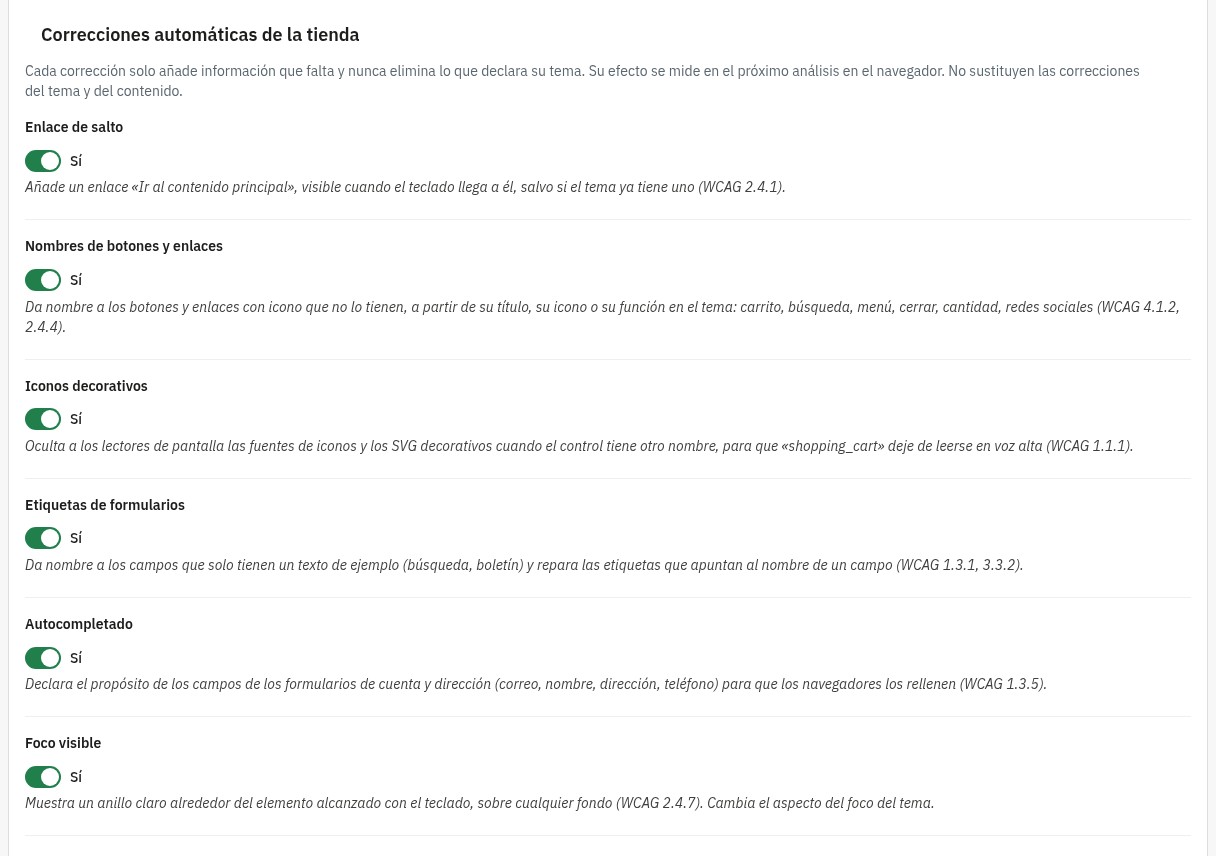 Ajustes de las correcciones automáticas: enlace de salto, nombres de botones y enlaces, iconos decorativos, etiquetas de formularios, autocompletado y foco visible, cada una con su interruptor.