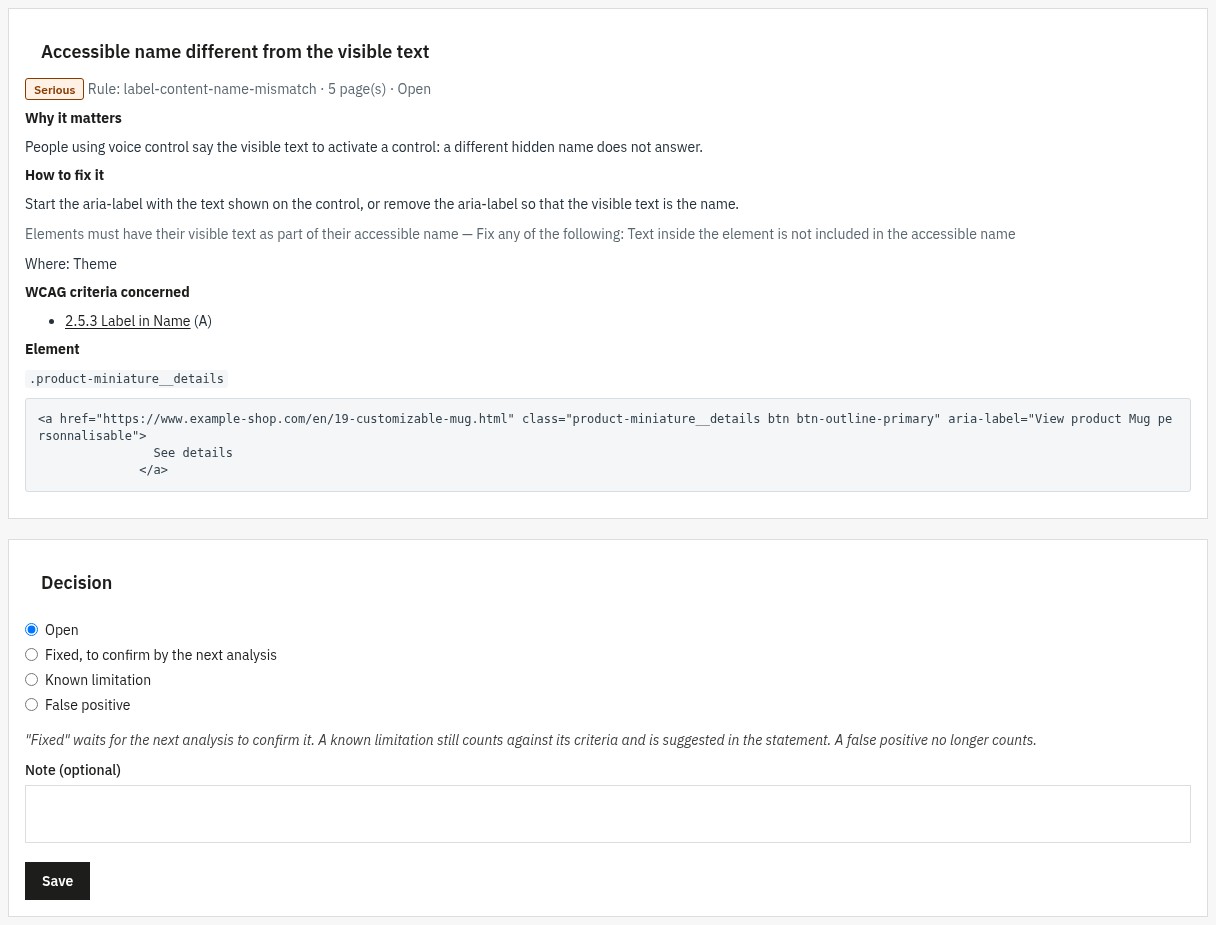 Page of a problem: explanation, advice to fix it in PrestaShop, WCAG criterion concerned, HTML extract of the element and the choice of a decision (open, fixed, known limitation, false positive).