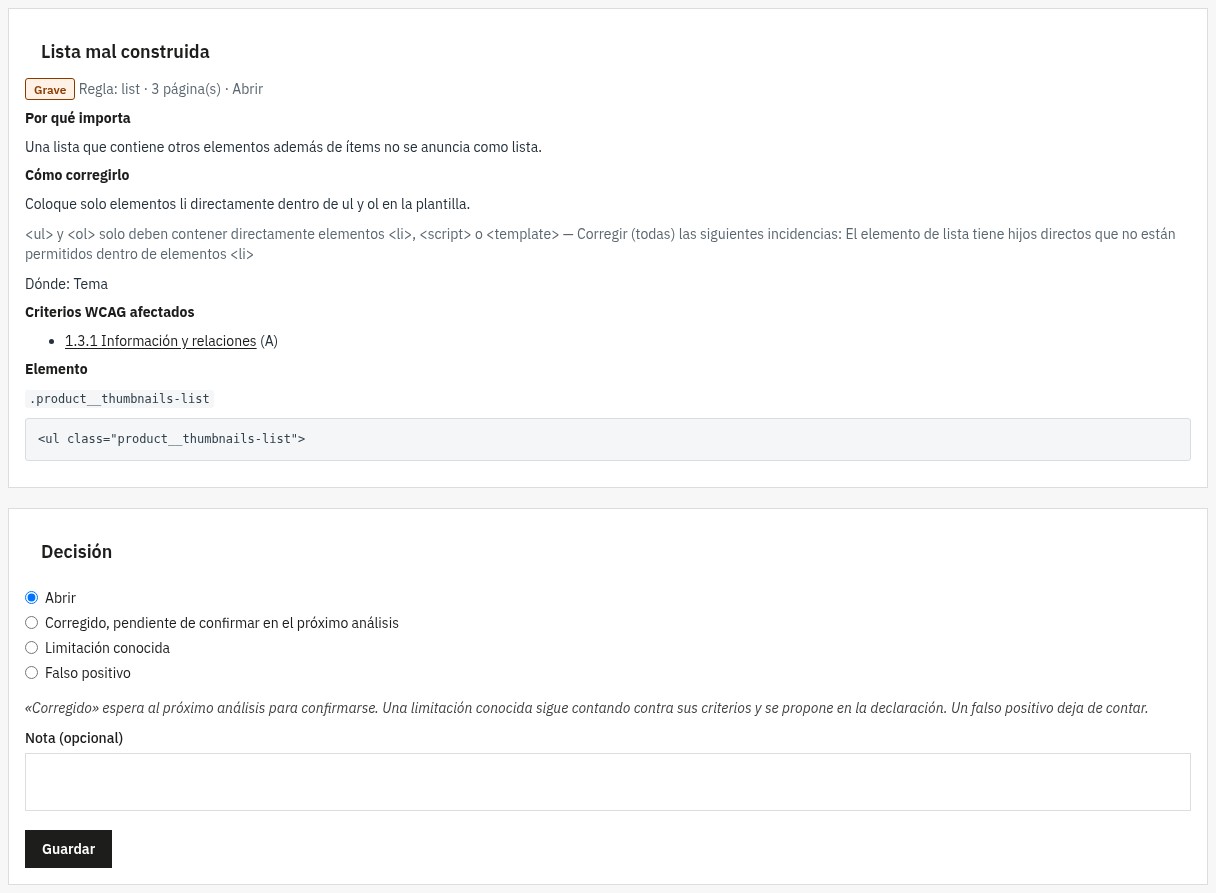 Ficha de un problema: explicación, consejo para corregirlo en PrestaShop, criterio WCAG afectado, extracto HTML del elemento y elección de la decisión (abierto, corregido, limitación conocida, falso positivo).