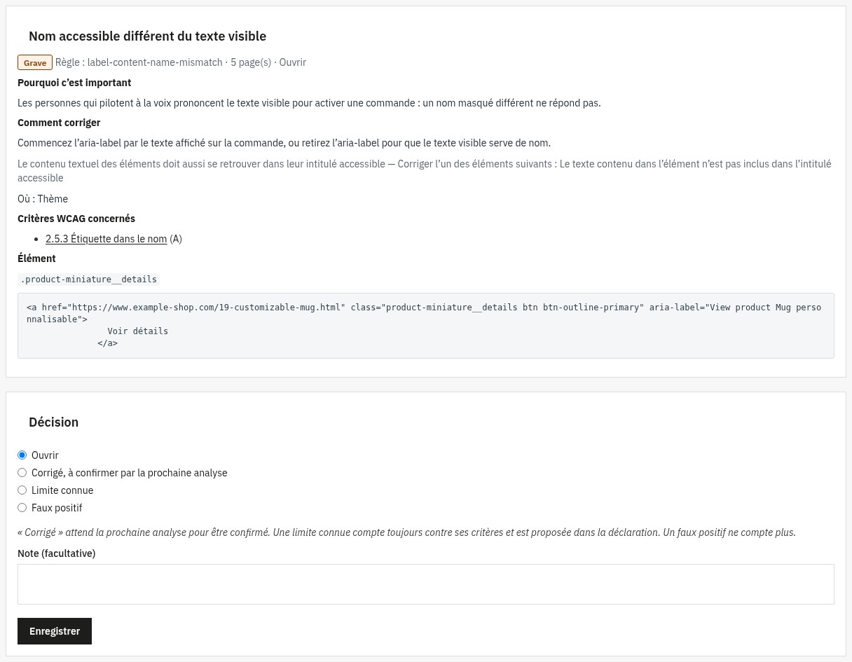 Fiche d’un problème : explication, conseil de correction dans PrestaShop, critère WCAG concerné, extrait HTML de l’élément et choix de la décision (ouvert, corrigé, limite connue, faux positif).