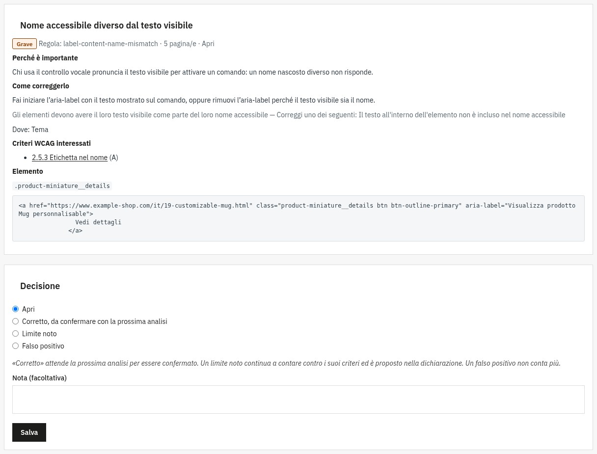 Scheda di un problema: spiegazione, consiglio per correggerlo in PrestaShop, criterio WCAG interessato, estratto HTML dell’elemento e scelta della decisione (aperto, corretto, limite noto, falso positivo).