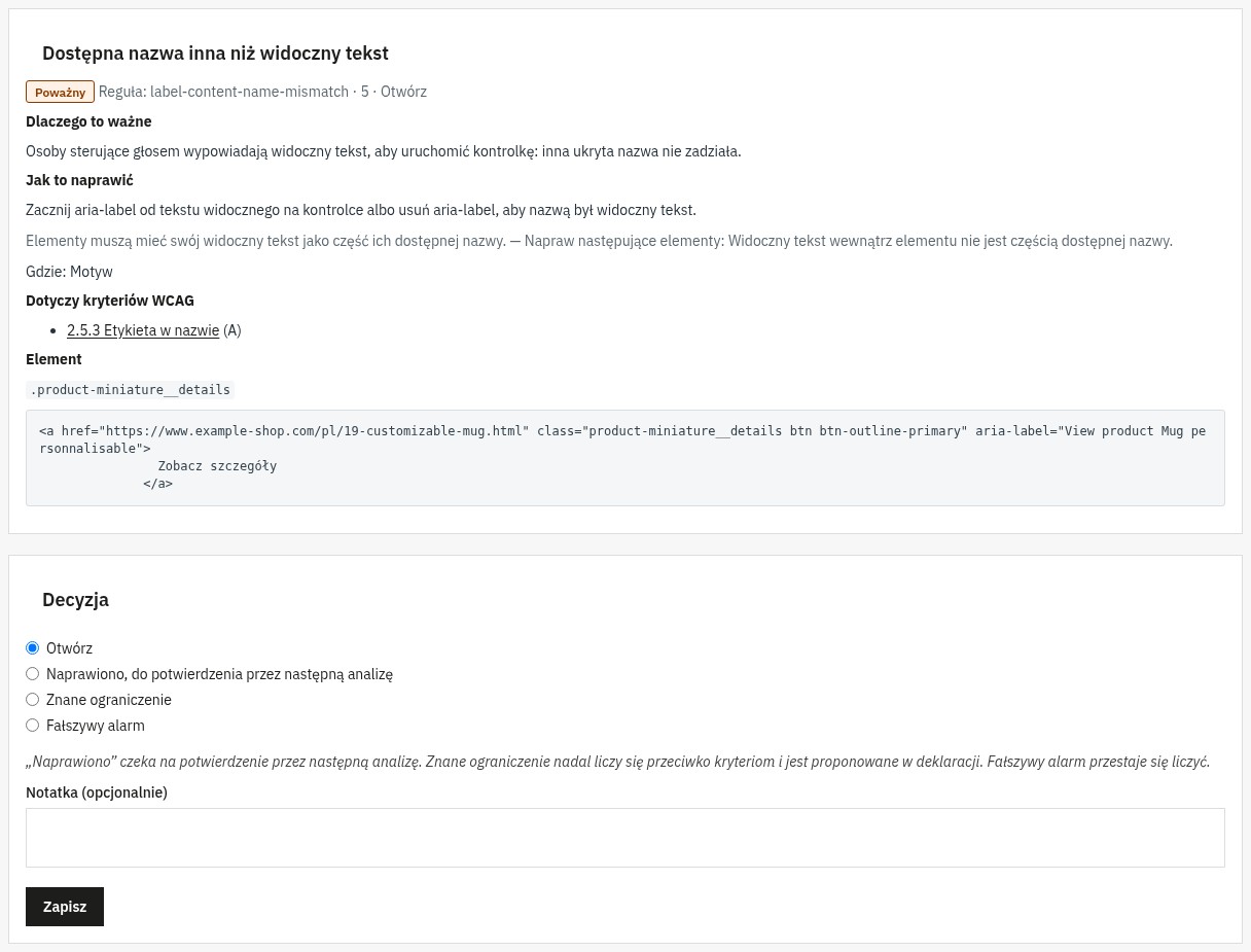 Karta problemu: wyjaśnienie, wskazówka naprawy w PrestaShop, kryterium WCAG, fragment HTML elementu i wybór decyzji (otwarty, naprawiony, znane ograniczenie, fałszywy alarm).