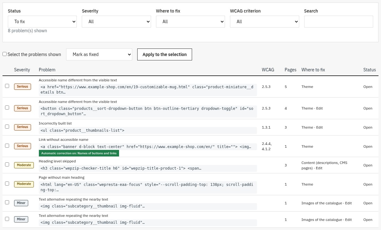 List of the problems: filters by status, severity, where to fix and WCAG criterion, with for each problem its severity, the element, the criterion and the number of pages.