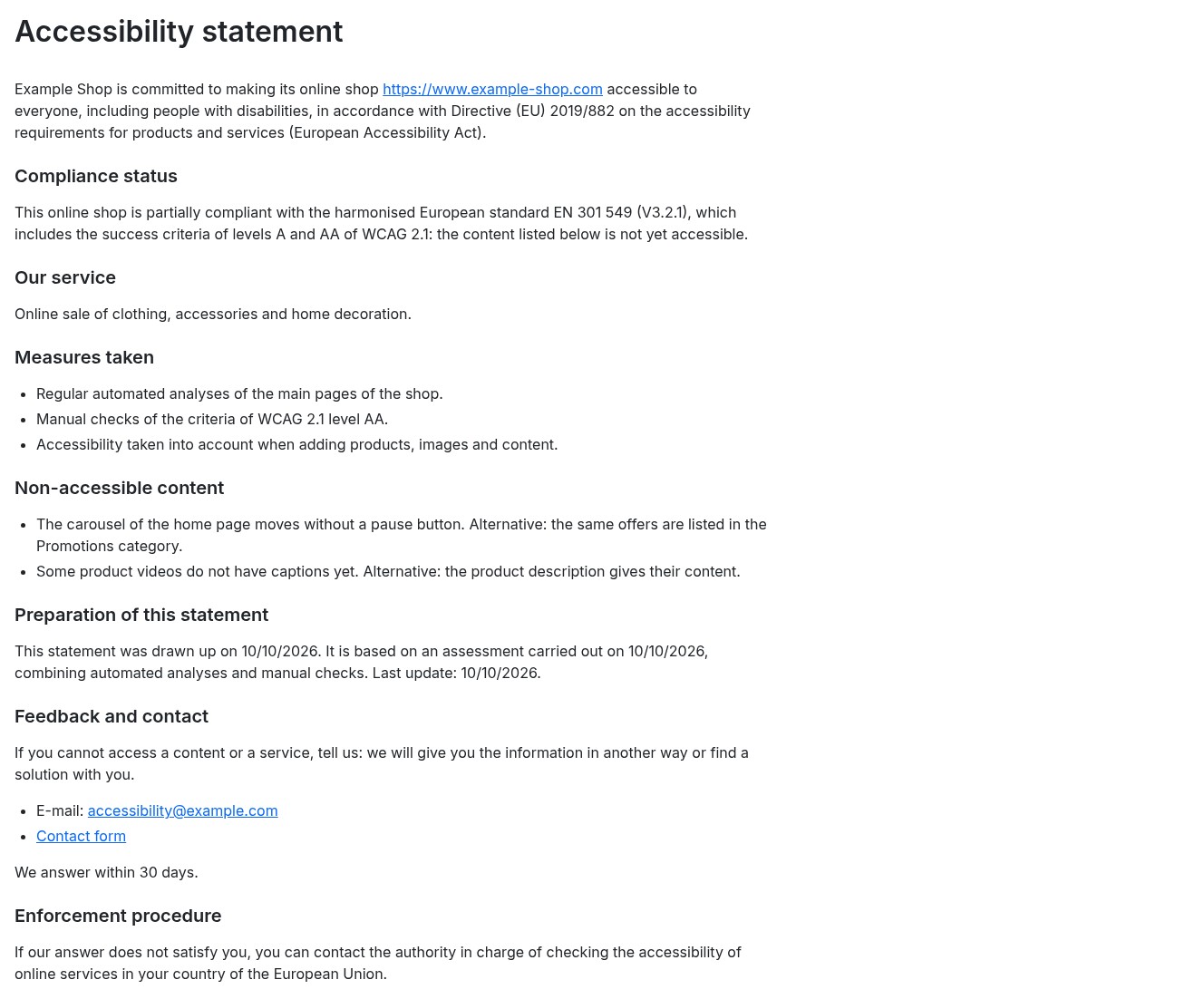 Accessibility statement page of the store: commitment, compliance status, measures taken, non-accessible content with its alternatives, contact and enforcement procedure.