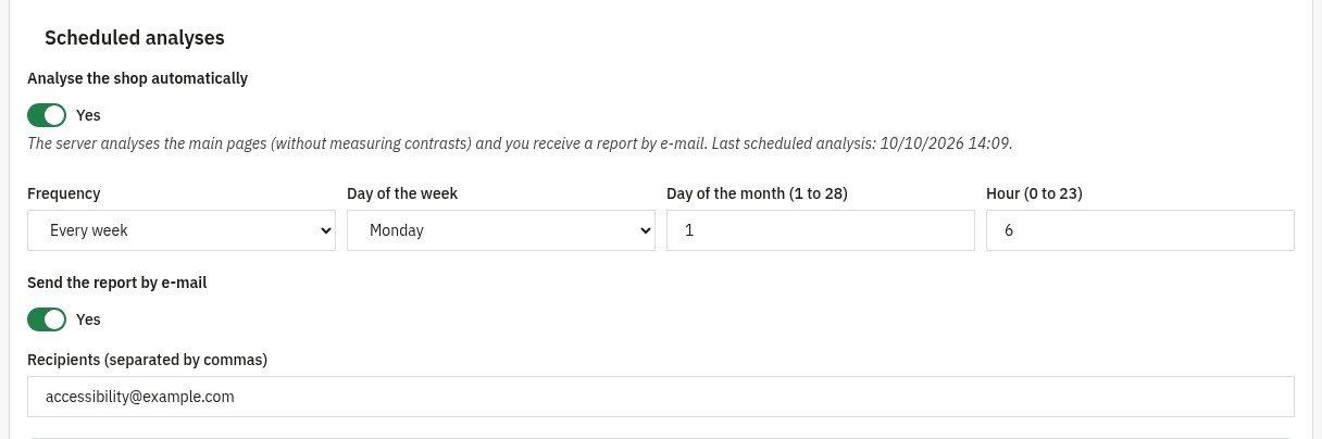 Settings of the scheduled analyses: frequency, day and hour, report by e-mail and recipients.