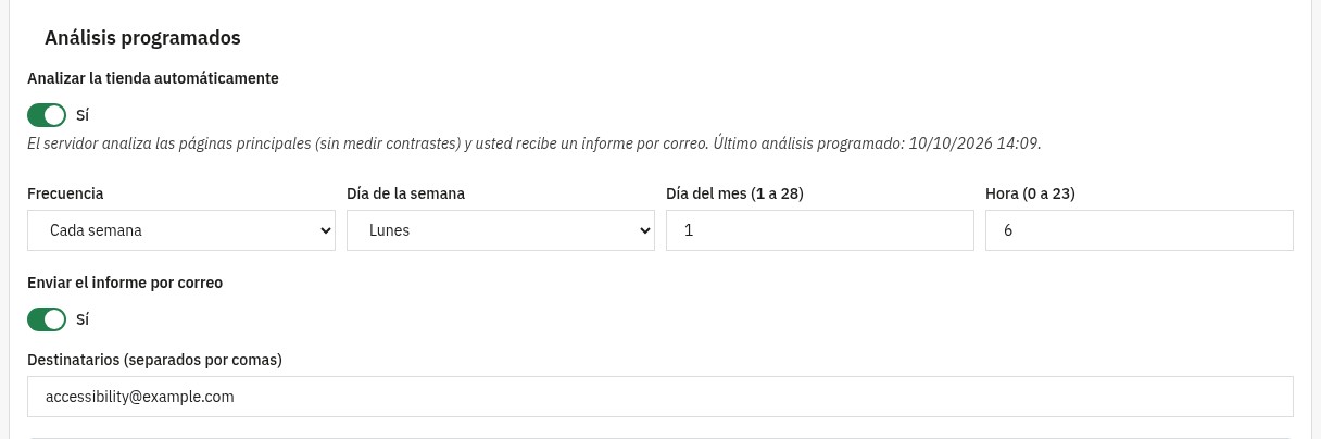 Ajustes de los análisis programados: frecuencia, día y hora, envío del informe por correo electrónico y destinatarios.
