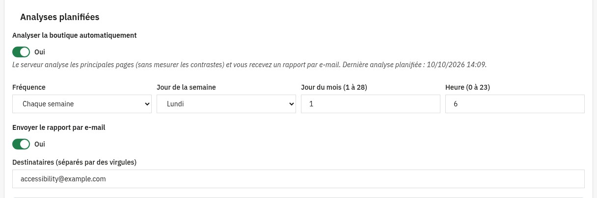 Réglages des analyses programmées : fréquence, jour et heure, envoi du rapport par e-mail et destinataires.