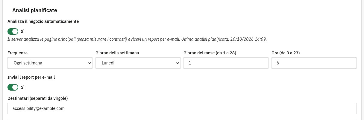 Impostazioni delle analisi programmate: frequenza, giorno e ora, invio del report via e-mail e destinatari.